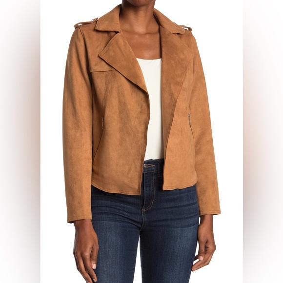 Tahari Faux Leather Moto Jacket Size M Camel Tobacco Brown Suede Open Front NEW - Picture 3 of 13